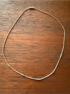 Delicate Liquid Silver Necklace with Turquoise Bead Accents ( Approximately 16”)